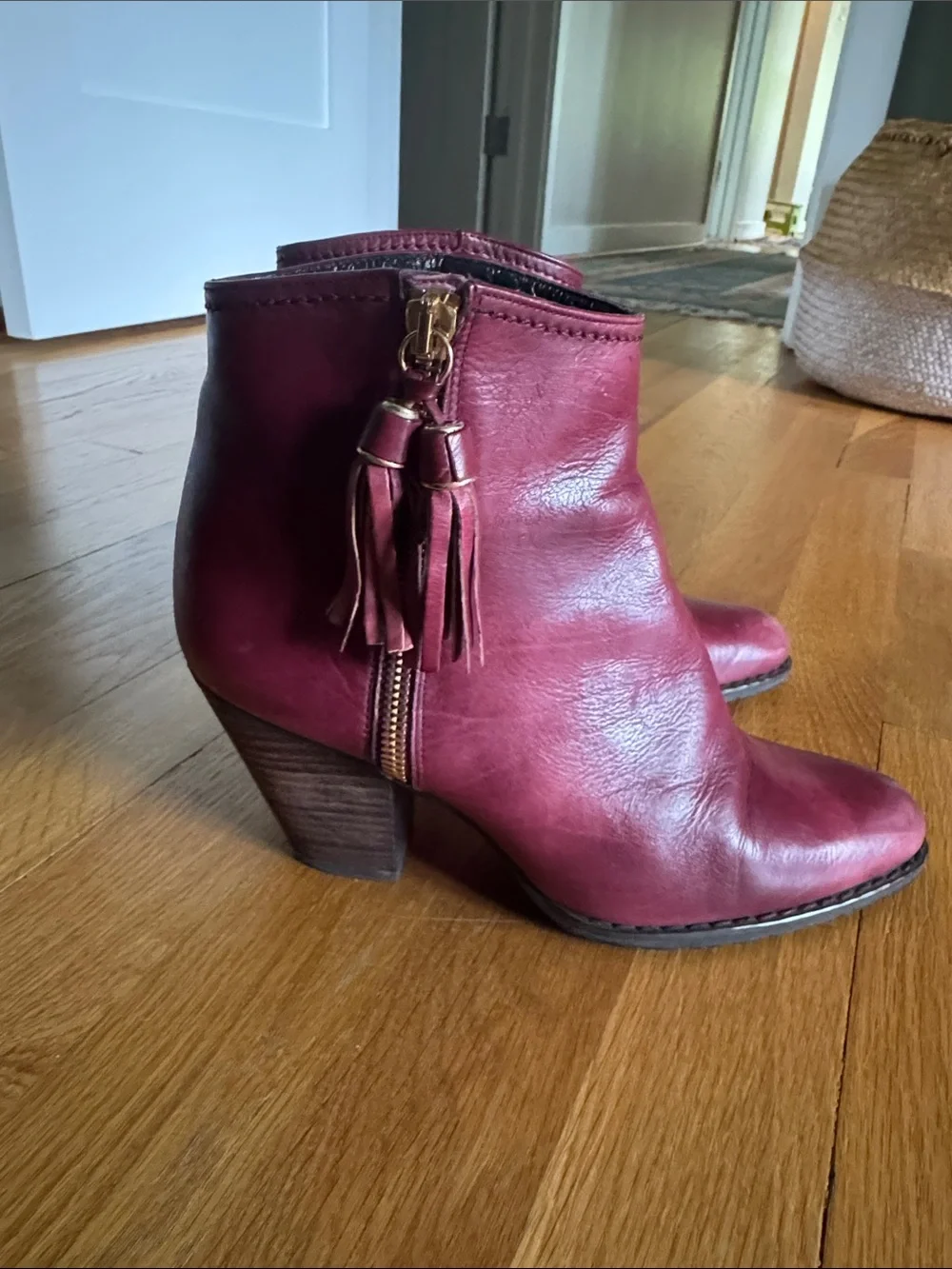 Stuart Weitzman Burgundy Leather Tassel Ankle Booties